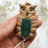 Owl necklace with chrysocolla Long eared owl Bird pendant Animal totem Amulet for a witch un...