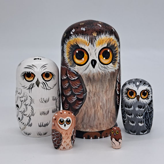 4" Owl nesting dolls matryoshka 5 in 1 Made in Ukraine Wooden toy Stacking dolls Good for kids gift Home decor For owl collectors