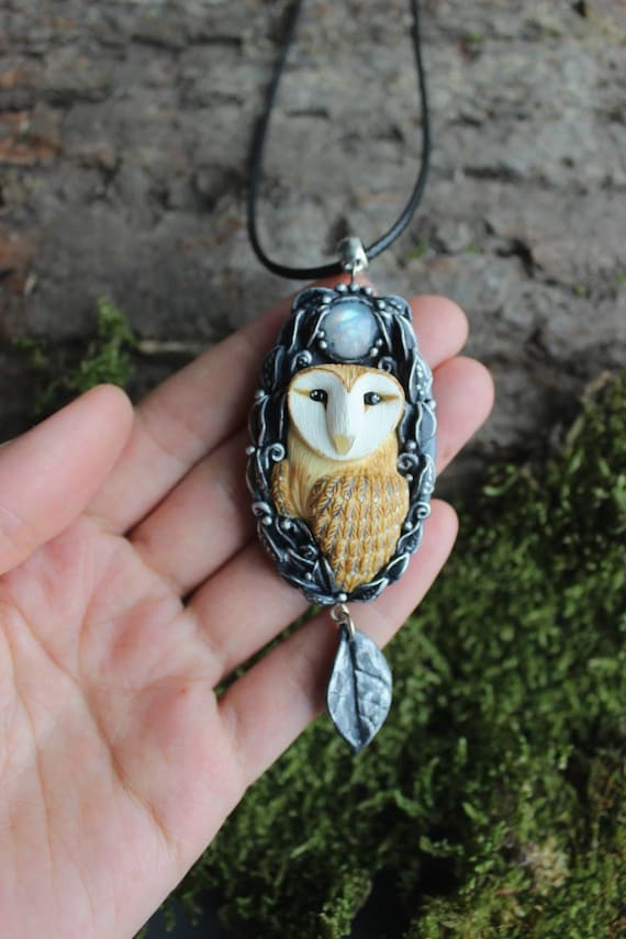 Owl pendant Fantasy bird Beautiful jewelry for your girlfriend Witch necklace Forest jewel handmade Grey leaves Gift for her Witch totem