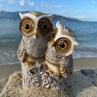 Handmade White and Brown Owl Family Figurine,White and Gold Owl,Owl Decor,Housewarming Gift
