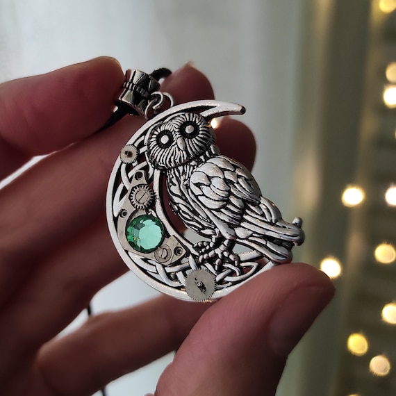 Owl and moon jewelry Steampunk pendant Necklace Vintage Watch parts Fantasy Celtic Steam punk Bird Totem Silver Mens gifts For women Men