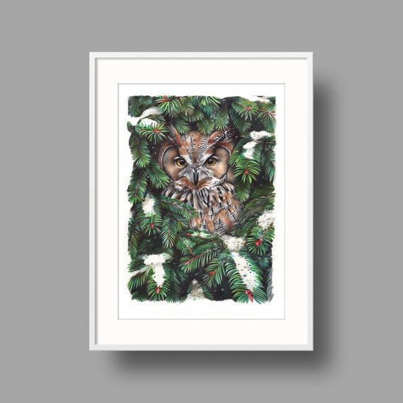 Owl In Spruce Branches | Original artwork | Bird Portrait | Ballpoint pen drawing on white recycled paper | Wall mounted home decor