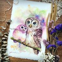 Baby and Mom - ORIGINAL watercolor painting 7.5x11 inches,Hand painted by Yui Chatkamol,owl ...