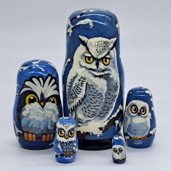 Owls family nesting dolls 5" tall Matryoshka Handmade 5 in 1
