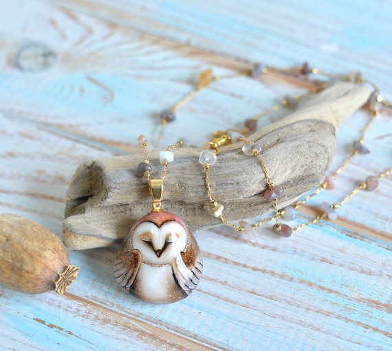 Hand painted stone, Owl, Barn owl, Magic owl pendant/necklace