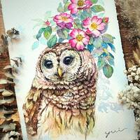 ORIGINAL watercolor painting 7.5x11 inches,Silent Guardian-Floral Embrace, Hand painted by Y...
