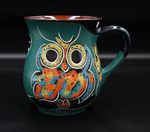 Handmade owl coffee tea mug pottery 9.5 oz Stoneware mug ceramic with toucan and monstera leaves Tea lovers gift owl mug