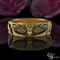 10K Bridal Owl Wedding Band, 14K Gold Celtic Owl Ring, 18K Irish Barn Owl Knotwork Ring, Pla...