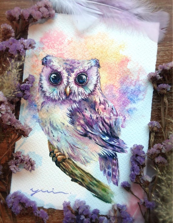 ORIGINAL watercolour painting 7.5x11 inches, Hand-painted by Yui Chatkamol, Owl Artwork, colorful owl, bird character art