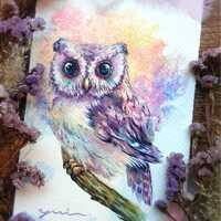 ORIGINAL watercolour painting 7.5x11 inches, Hand-painted by Yui Chatkamol, Owl Artwork, col...