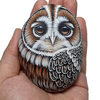 Tawny owl hand painted stone. Night bird original painting on rock, owl pebble art, painted ...
