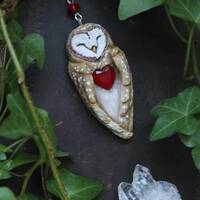 Barn Owl with Red Heart Necklace, Barn Owl Charm, Witch Mystic Owl Necklace, Owl Totem Neckl...