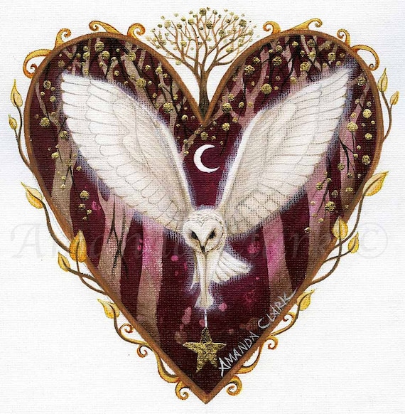 Print titled "The Bringer of Stars" by Amanda Clark - fairytale art print, owl art print, heart shape art, valentines day gift, dreamy art