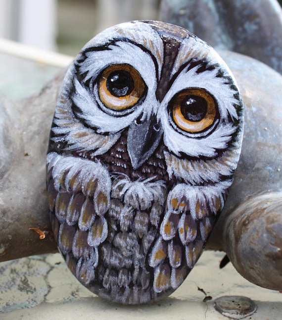 Cute Whimsical Painted Owl Rock Painted Stone Owl Rock Painting Painted Owl Pebble Bird Lover's Gift Owl Lover's Rock Stone Painting Art