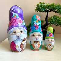Amazing Gnomes with Owls Nesting Doll 3pcs 7” Hand Painted Wooden Matryoshka, Personal...