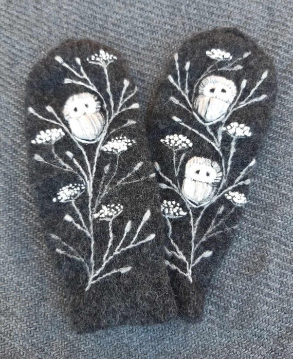 Knitted and felted lined mittens with embroidery owl,soft and casual Christmas gift,knitted winter accessories,owl collection.