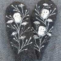 Knitted and felted lined mittens with embroidery owl,soft and casual Christmas gift,knitted ...