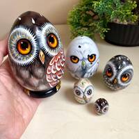 Unique Miniature Owls Wooden Set 5pcs 4”, Hand Painted Art Matryoshka, Personalized Bi...
