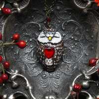 Boreal Owl With Glass Heart Necklace, Witch Owl Charm, Wicca Owl Necklace, Bird Jewelry, Ath...