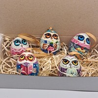 Christmas tree decorations Owls family Wooden egg ornaments 5 pieces set Hand made in Ukrain...