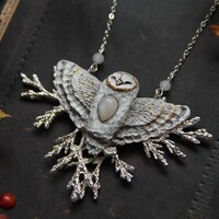 Barn Owl with Moonstone And Juniper Necklace, Barn Owl Charm, Witch Mystic Owl Charm, Owl Sp...