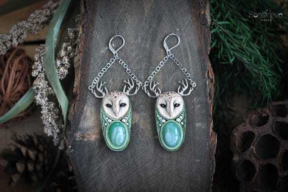 Horned owl earrings Long earrings Fantasy jewelry Barn owl jewellery Owl lover gift Bold earrings Quirky earrings Mystical jewelry Totem owl
