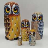 Nesting doll Owl, handmade wooden matryoshka designer doll with hand painting.Set of 5.Large...