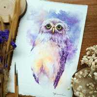 ORIGINAL Whimsical Owl watercolor painting 7.5x11 inches, Hand-painted by Yui Chatkamol, owl...