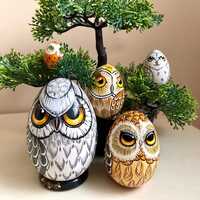Grey Owl Nesting Egg 5pcs 4,3” Miniature Collectible Art Doll, Owls Wooden Room Decor,...