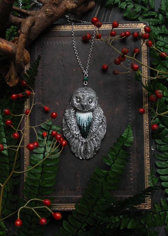 Barn Owl with Misty Forest Necklace, Barn Owl Charm, Witch Mystic Owl Necklace, Owl Totem Necklace, Magic Owl Pendant, Fantasy Owl Necklace