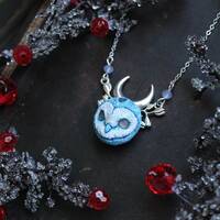 Three-eyed Blue Barn Owl Necklace with Crescent Moon, Blue Owl Spirit Charm, Witchy Owl Jewe...