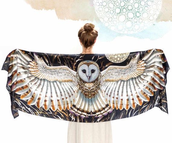 Black Silk Barn Owl Scarf / Wrap