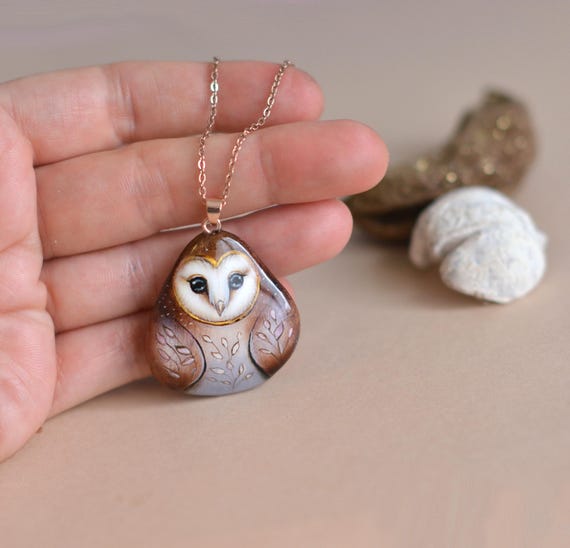 Hand painted stone, Owl, Barn owl, Magic Owl, pendant/necklace