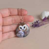 Hand painted stone, Owl, Barn owl, Magic Owl, pendant/necklace