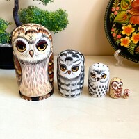 Sleepy Owls Nesting Doll 5pcs Wooden Set 4,2” Cute Owls Matryoshka, Personalized Birth...