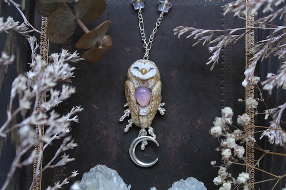 Barn Owl with Lavender Quartz And Juniper Necklace, Barn Owl Charm, Witch Mystic Owl Charm, Owl Spirit Necklace, Wicca Owl Pendant