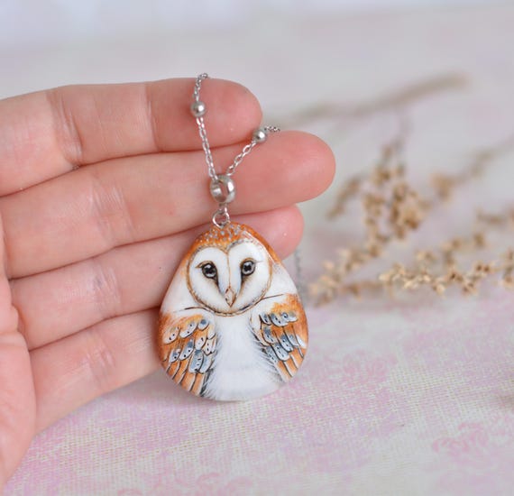 Hand painted stone, Owl, Barn owl, pendant/necklace