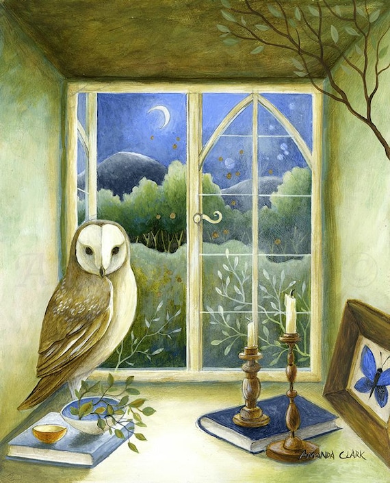 Print titled "Zoe's Window" by Amanda Clark - fairytale art print, landscape artwork, owl art print, interior print, dreamy artwork