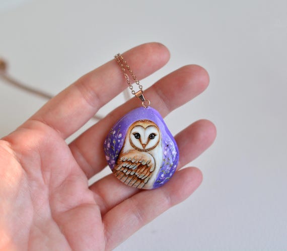 Hand painted stone, Owl, Barn owl, Magic Owl, pendant/necklace
