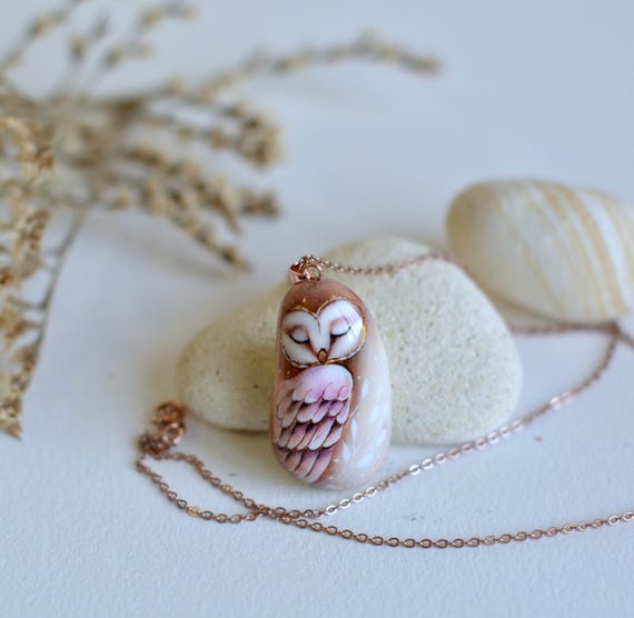 Hand painted stone, Owl, Barn owl, Magic Owl, pendant/necklace