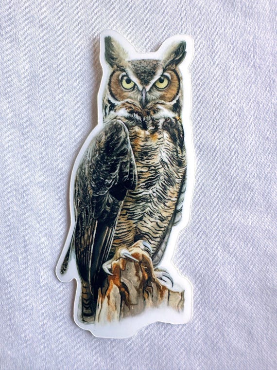 Great Horned Owl Painting Sticker, Vinyl, 1.4"x 3", Dishwasher Safe