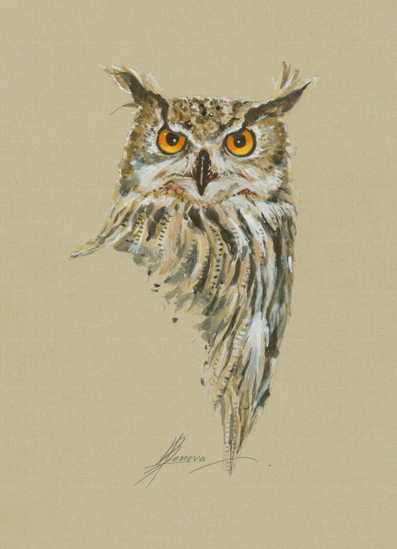 Eagle Owl Painting,ORIGINAL Watercolor Painting, Bird Drawing,  Gift for Bird Lovers,  Bird Art, Bird illustration, Wildlife Painting