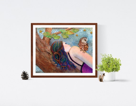 Female nature art print, woman and owl wall decor, mystical fairycore art