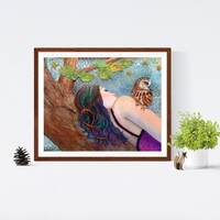 Female nature art print, woman and owl wall decor, mystical fairycore art