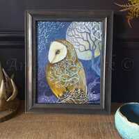 Framed original painting titled "Glisten" by Amanda Clark - owl painting, nature a...