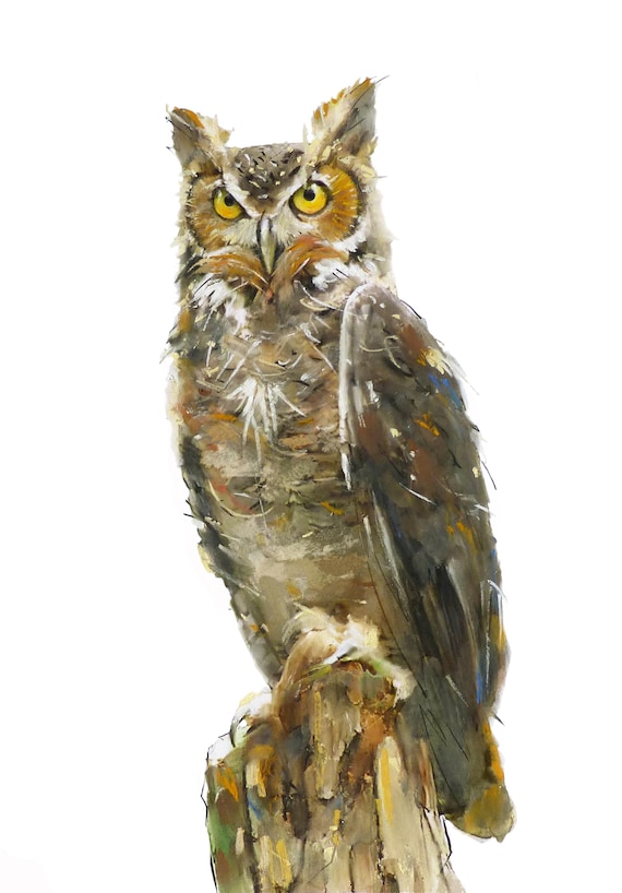 Owl Art, Creat Horned Owl Painting, Art Print of Original Artwork, Owl Art Print, Owl Portrait, Bird Art