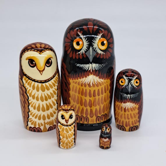 4" Owl friends nesting dolls 5 in 1 matryoshka Made in Ukraine Wooden toy Stacking dolls Good for kids gift Home decor For owls collectors