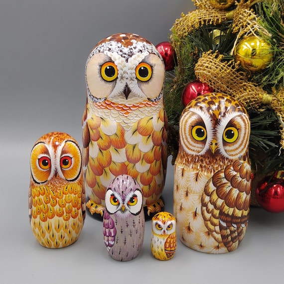 New Owl Matryoshka Nesting Dolls 14.5 cm,/5,7 inch.Christmas ornaments 5 pcs,Kids Gift,Animal Nesting Toys,Room Decor,Gift for Mom,Owl Decor