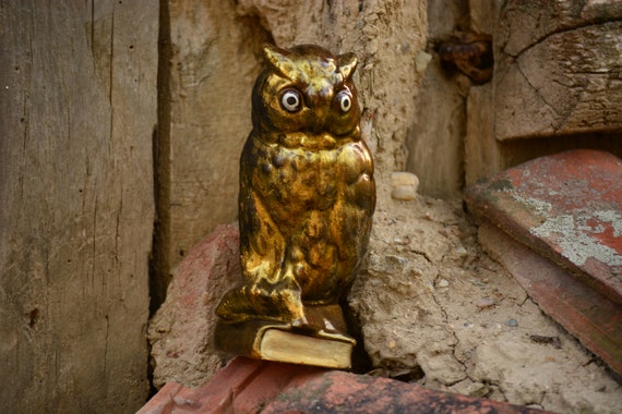 Vintage Handmade Golden Owl Statue,Vintage Owl Figurine,Owl Statuette,Vintage Owl Decor,Golden Owl Figurine