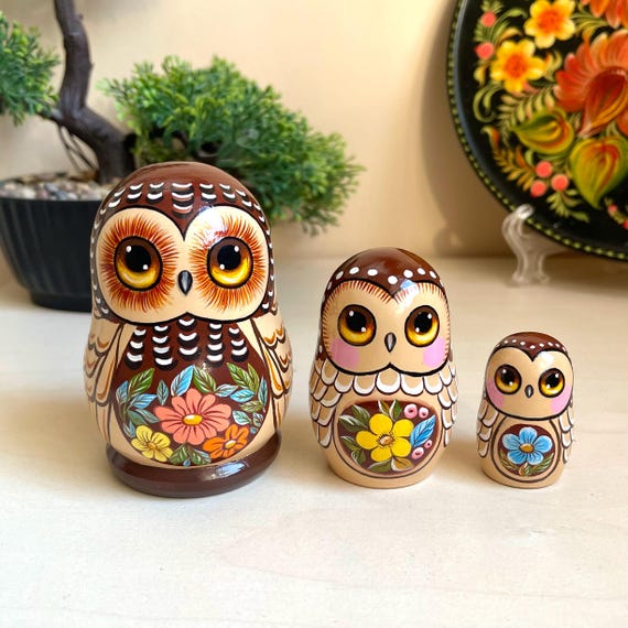 Owls Wooden Nesting Doll 3pcs, Handmade Stacking Matryoshka, Personalized Birthday Gift, Baby Owl Decor, Ukrainian Artist, Art Collection